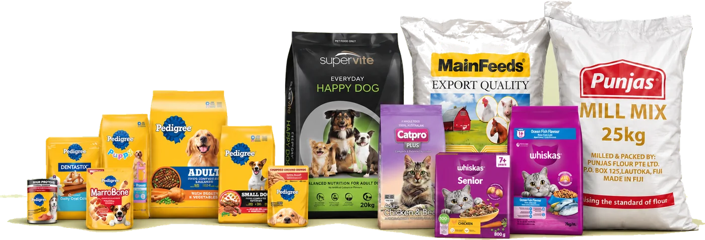 Animal feed and agriculture lines ACS distributes: Pedigree dog food, Supervite Happy Dog, MainFeeds Export Quality poultry feed, Punjas Mill Mix, Catpro Plus and Whiskas cat food.