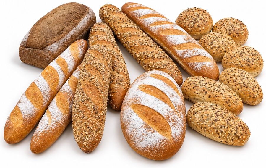 Speciality breads from the Cowley bakery: baguettes, grain loaves and seeded rolls.