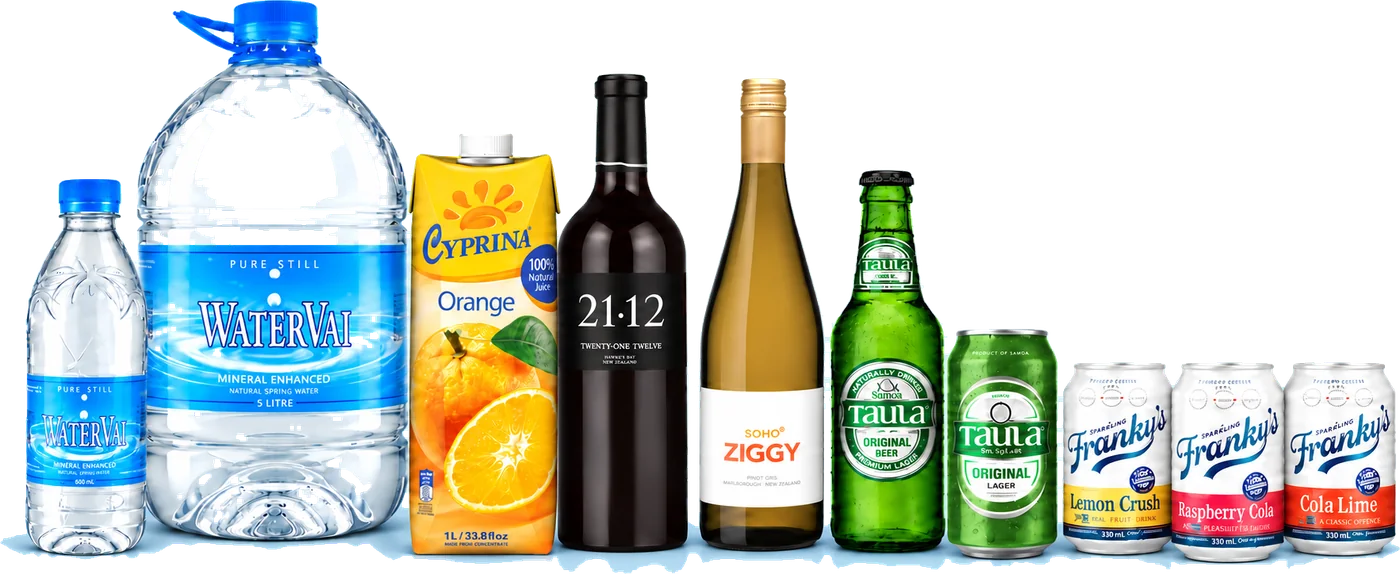 Beverages ACS distributes: WaterVai still water in small and 5 litre bottles, Cyprina orange juice, 21.12 red wine, Soho Ziggy white wine, Taula lager in bottle and can, and Franky's Lemon Crush, Raspberry Cola and Cola Lime.