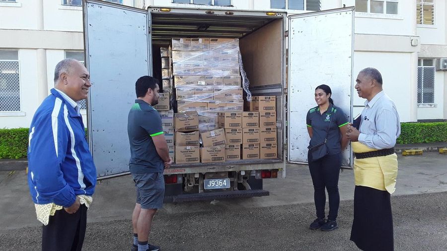 The delivery truck loaded with breakfast packs and toasted muesli, handed over to Ministry representatives.