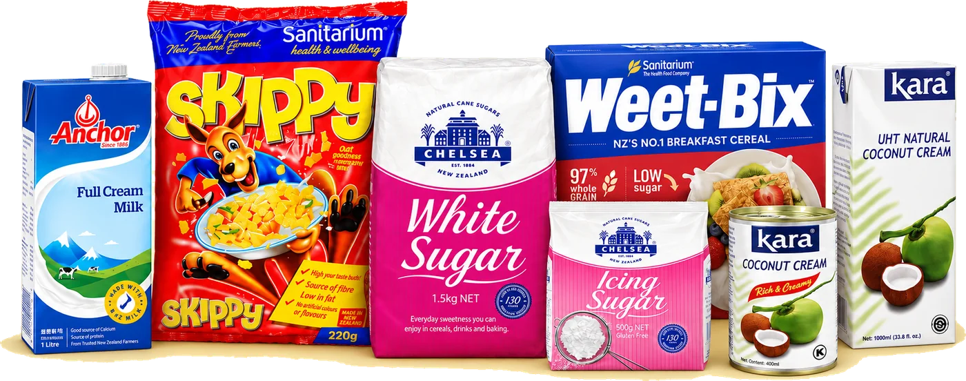 Grocery and pantry brands ACS distributes: Anchor full cream milk, Sanitarium Skippy and Weet-Bix, Chelsea white and icing sugar, and Kara coconut cream.