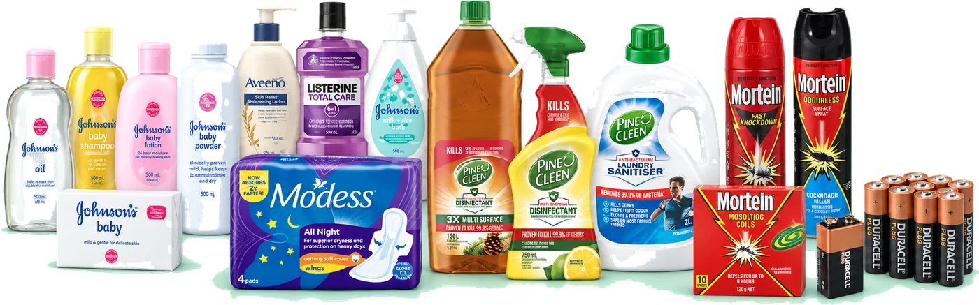 Household and personal care lines ACS distributes: Johnson's baby oil, shampoo, lotion and powder, Aveeno, Listerine, Modess, Pine O Cleen disinfectant and laundry sanitiser, Mortein sprays and coils, and Duracell batteries.