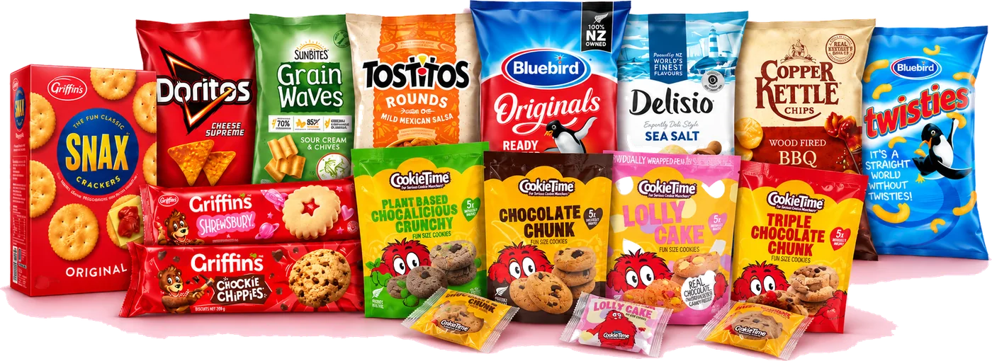 Snacks and confectionery ACS distributes: Griffin's Snax crackers, Shrewsbury and Chockie Chippies, Doritos, Sunbites Grain Waves, Tostitos, Bluebird Originals and Twisties, Delisio, Copper Kettle chips and Cookie Time cookies.